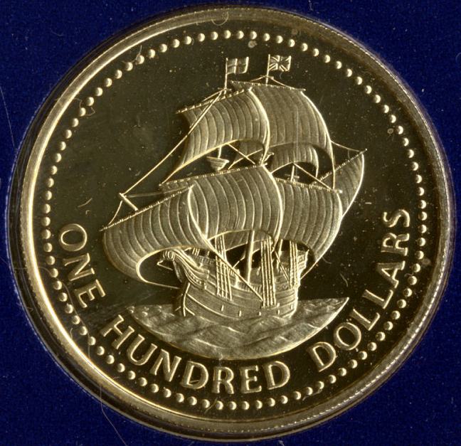 Barbados 100 Dollars Gold Coin Olive Blossom Ship.JPG